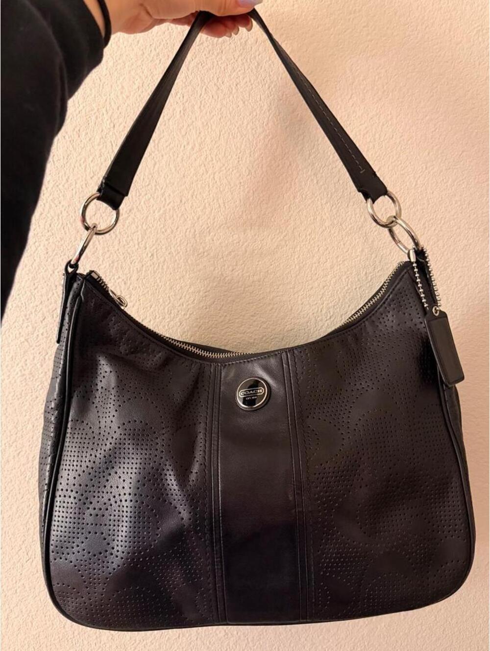 Black Vintage Coach Signature Stripe Perforated Leather Bag 2013